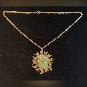 Gold Sunburst Pendant Necklace with Green Chrysoprase Chip Center